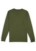 An olive green long sleeve tee with a crew neckline and a logo on the back.