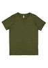 A green short sleeve T-shirt with a crew neck and no visible designs or patterns. It features a branding label.