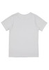 A white short sleeve tee for kids, featuring a simple design and a logo on the back.