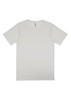 A plain white men's short sleeve t-shirt with a subtle logo on the bottom.