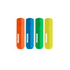 A set of four highlighters in orange, blue, green, and yellow, each featuring a cap and a branding logo.