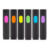 Six highlighters in black casings, featuring bright colours: pink, orange, yellow, green, blue, and purple. Each has a logo.