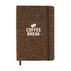 A brown A5 notebook with a textured cover and an elastic band, featuring a logo on the front.