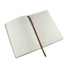 A brown A5 notebook with lined pages and a matching ribbon bookmark, open to display its interior.