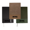 A notebook set featuring three A5 notebooks in black, brown, and green, each with a textured cover and a logo.