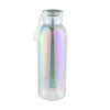 A drink bottle in a transparent, iridescent finish with a white lid and a loop for easy carrying.
