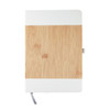 A notebook with a bamboo cover and white accents, featuring a grey ribbon bookmark.