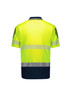 A short-sleeve polo in high visibility yellow with navy accents and segmented reflective tape. Features a logo.