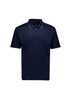 A navy blue men's short sleeve polo shirt with contrasting trim and a collar. It features a logo on the chest.