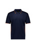 A navy short sleeve polo with orange accents and a logo on the chest. Suitable for casual or sporty occasions.