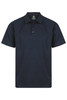 A navy blue polo shirt with a collar and buttons, featuring a logo on the front.