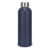 A drink bottle made of recycled aluminium in a deep navy blue hue with a silver screw-top lid and a logo.