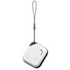 A square Bluetooth tracker in black and white with a loop for attachment. It features a small logo on the surface.