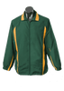 A green track jacket with yellow stripes, featuring a front zip and a collar. It has a logo on the chest area.