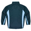A dark teal track top with light blue side panels, featuring a high collar and long sleeves.