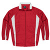 A red track jacket featuring white stripes and a front zipper. It has a collar and long sleeves.
