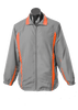 A grey track jacket with orange accents, featuring a zip front and a sporty design. It has a logo on the chest.