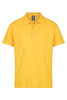 A yellow polo shirt with a collar and button placket, featuring a logo on the label.