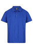 A blue polo shirt featuring a collar and three buttons, with a small logo on the chest.