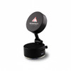 A black adjustable magnetic mobile stand with a round top and a base featuring a logo.