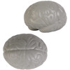 A gray brain-shaped stress reliever, featuring realistic details and a smooth texture, with a logo present.