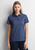A women's short sleeve polo in navy blue with a collar and a logo.