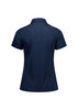 A navy women's polo shirt with a short sleeve design and a collar, featuring a branding logo.
