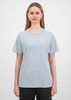 A light blue women's short sleeve tee displayed on a model, featuring a simple design and a logo.