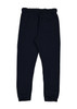 Navy track pants with an elasticated waist and a single back pocket, featuring a logo.