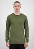 A long sleeve tee in olive green, featuring a fitted design and a round neck. It has a subtle logo.