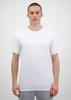 A plain white short sleeve tee displayed on a model, featuring a simple design and a casual fit.