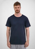 A navy short sleeve tee for men, featuring a round neckline and a simple, clean design. The shirt has a logo.