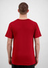 A red short sleeve tee viewed from the back, featuring a simple design and a logo.