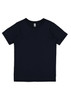 A navy short sleeve tee with a plain design and a neck label, featuring a logo on the inside.