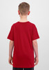 A red short sleeve T-shirt viewed from the back, featuring a simple design and a logo.