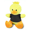 A yellow duck plush toy with orange feet and a black shirt, featuring a tuft of fur on its head.