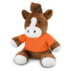 A brown horse plush toy wearing an orange shirt, with white accents on its face and paws. It has a fluffy mane.
