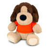 A plush dog toy with a brown and tan body, featuring a black nose and wearing an orange shirt. It has a friendly expression.