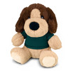 A plush dog toy featuring brown and tan fur, wearing a green shirt, with a friendly expression and soft body.