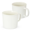 A white ceramic coffee mug with a simple design and a sturdy handle. It has a glossy finish and includes a logo.