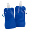 A drink bottle in vibrant blue with a white spout and a carabiner clip, featuring a smooth, flexible design.