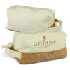 A toiletry bag in cream with a cork base, featuring a logo on the front and a zip closure.