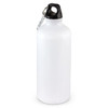 A drink bottle with a white body and black cap, featuring a carabiner for attachment. Holds 600ml.
