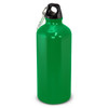 A drink bottle in bright green with a black cap and a carabiner attachment. It has a logo.