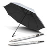 A black and silver umbrella with a curved handle, displayed open and alongside its closed form. It features a logo.