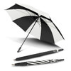 A black and white sport umbrella with a curved handle, displayed open and alongside its closed form.
