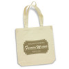 A cream-coloured cotton tote bag with sturdy handles and a logo featuring a farmers market theme.