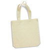 A neutral-toned cotton tote bag with two handles and a simple design, featuring a logo.