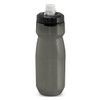 A drink bottle in a dark green colour with a black lid and a spout, featuring a logo on the body.