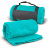 A turquoise fleece blanket with a black strap, rolled and neatly laid out, showcasing its soft texture.